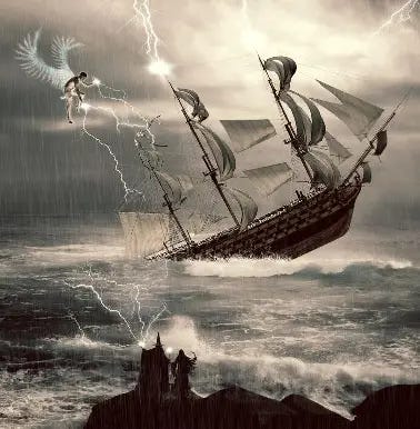 Picture of a ship going down in a storm near a coast. Ariel works magic above the masts. Prospero and Miranda watch from the shore.