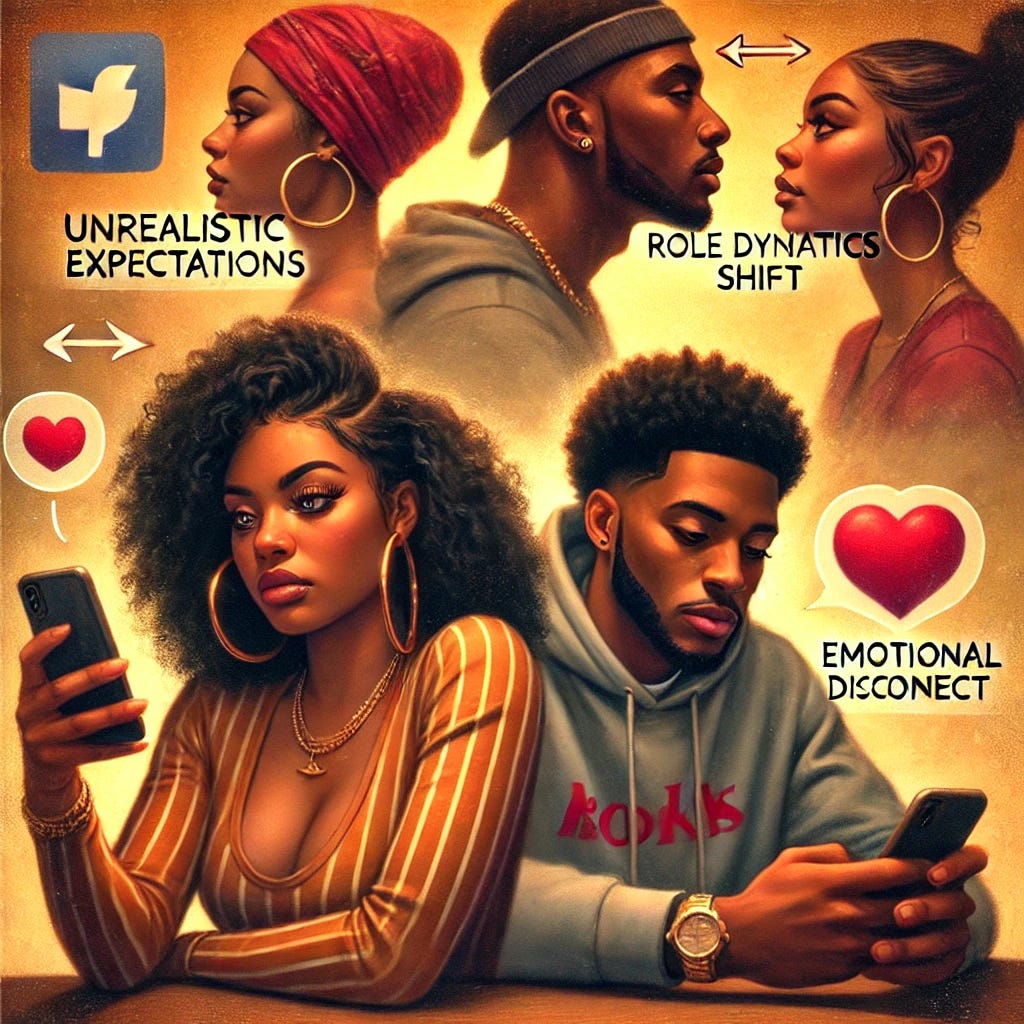 A digital painting illustrating the impact of social media on modern relationships, particularly in the Black community. The image is divided into three sections:

1. **Unrealistic Expectations**: A young woman scrolling through social media, comparing her relationship to idealized online couples, while her real-life partner looks on, feeling unseen.

2. **Role Dynamics Shift**: A couple in conversation, where the woman appears strong and assertive, while the man listens with a thoughtful expression, reflecting changing relationship dynamics.

3. **Emotional Disconnect**: A couple sitting together but emotionally distant, each engrossed in their phones instead of engaging with each other, with a faded background showing a more connected and happy past version of themselves.

The artwork features a semi-realistic style with warm, rich colors to evoke deep emotions, highlighting the contrast between online illusions and real-life connection.