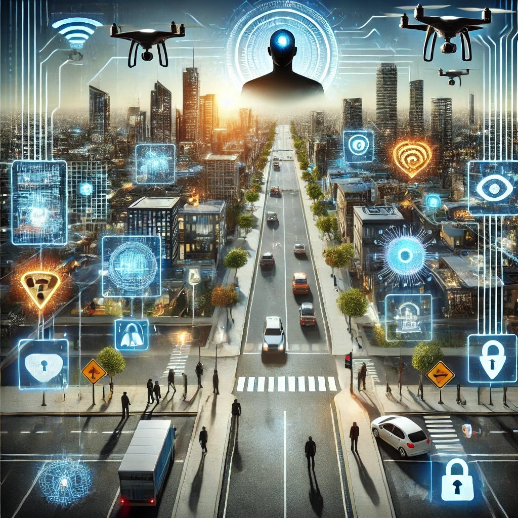 A city with futuristic smart city technology, featuring interconnected systems such as drones, security cameras, traffic management sensors, and smart energy grids. People walking in the city are surrounded by digital interfaces, displaying data collection processes. The image emphasizes the risks of data privacy and security breaches, with visual elements like locks, broken circuits, and warning signs. A shadow of AI represented by a humanoid robot oversees the city from above, symbolizing AI-driven governance. The overall tone should evoke caution and critical reflection on the consequences of such technologies.