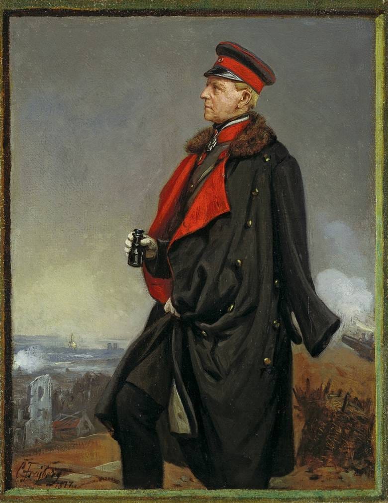 Man in a military uniform, cap, and long coat standing on a hill overlooking a battlefield, spyglass in hand.