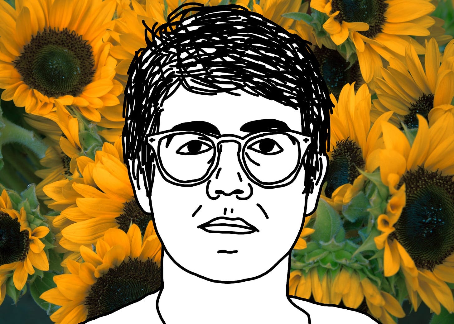 A black line drawing of Alex, the protagonist of "I Hear You Watching." He is white, short messy parted hair, glasses. He stares straight at you, unsmiling. He stands before a messy patch of sunflowers bunched close together.