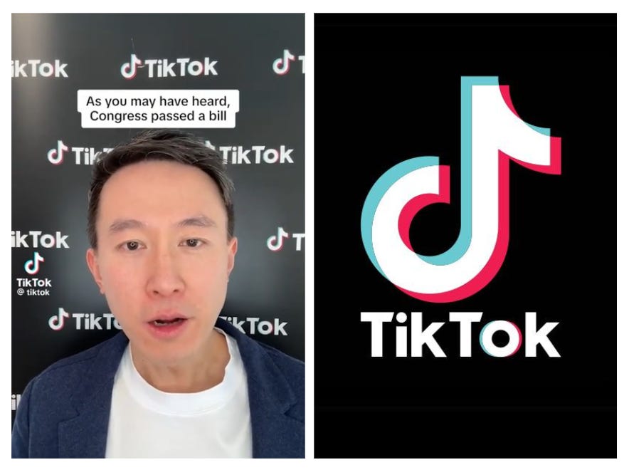 Screenshot of TikTok CEO Shou Zi Chew who posted a response to the TikTok ban news. Caption on screen reads “As you may have heard, congress passed a bill…” On the right is the TikTok logo musical note.