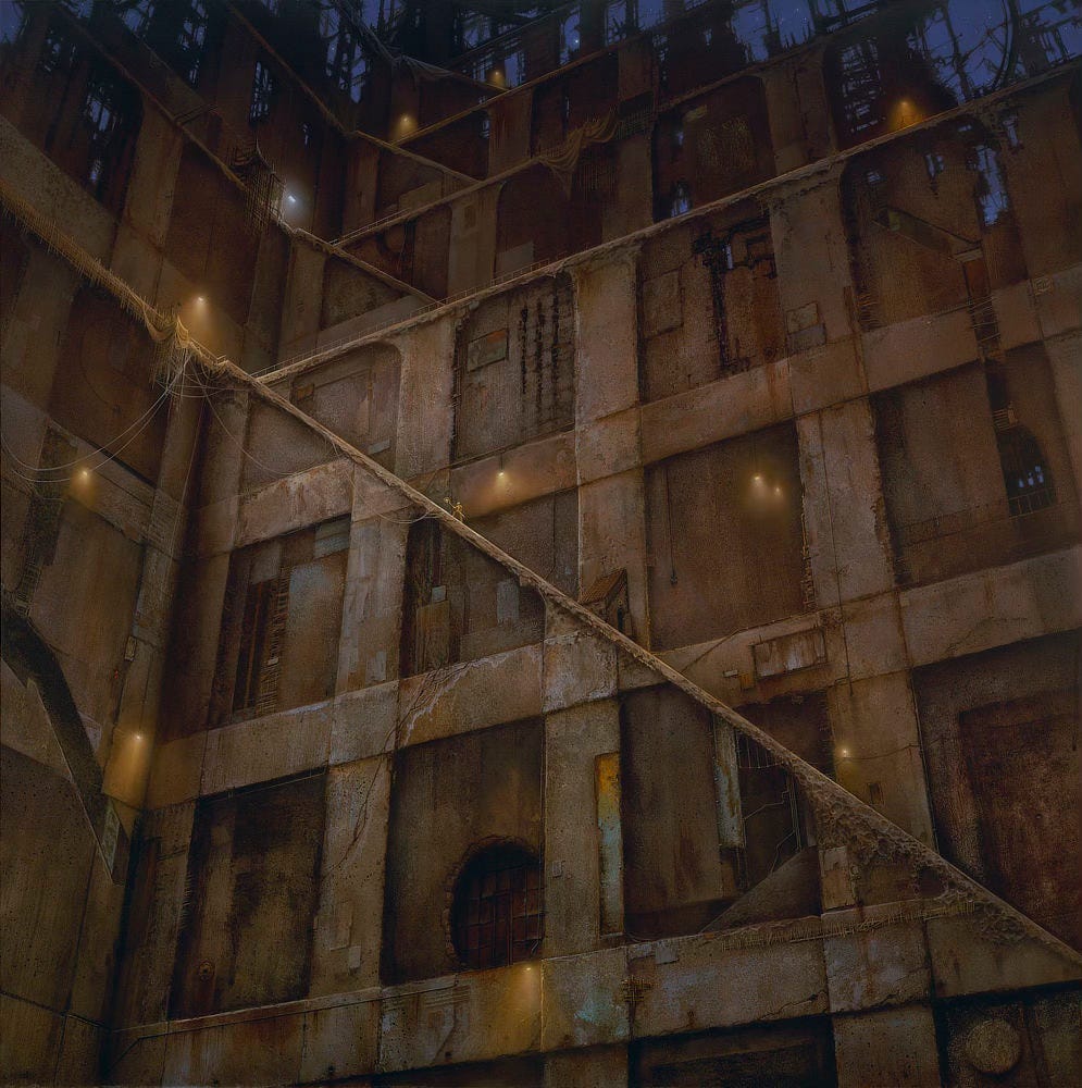 A series of switchbacks lead up a weathered concrete edifice. Walls of rough textured stone are rusted in places and worn throughout the cavernous space. Canvas and rope are strung at random. The walls begin to erode several levels up, offering a glimpse of starry blue sky. Dim yellow lights hang sparsely along the walls. In minute detail, a figure can be seen laboring up the first long ramp. He carries a staff with a light at its curling end.