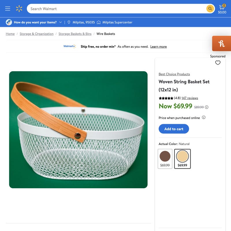 Screenshot of a basket e-commerce page from Walmart.