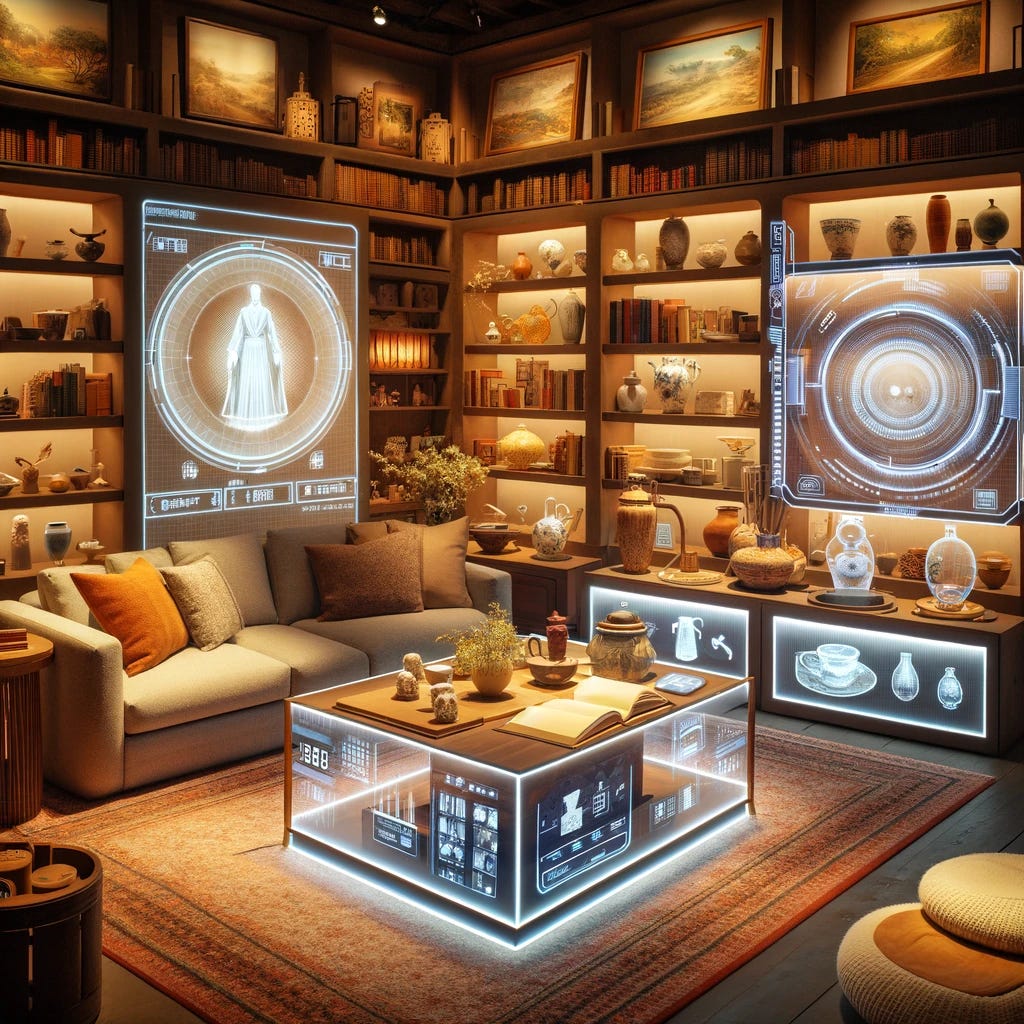 A cozy room featuring a warm, inviting atmosphere with soft lighting. The room includes a comfortable sofa, a small coffee table, and bookshelves filled with books. In the center of the room, there are several holographic displays showcasing various items like vases, sculptures, and technological gadgets. The walls are adorned with framed paintings and photographs, and there's a plush carpet on the floor. The room gives off a blend of traditional comfort and futuristic technology.