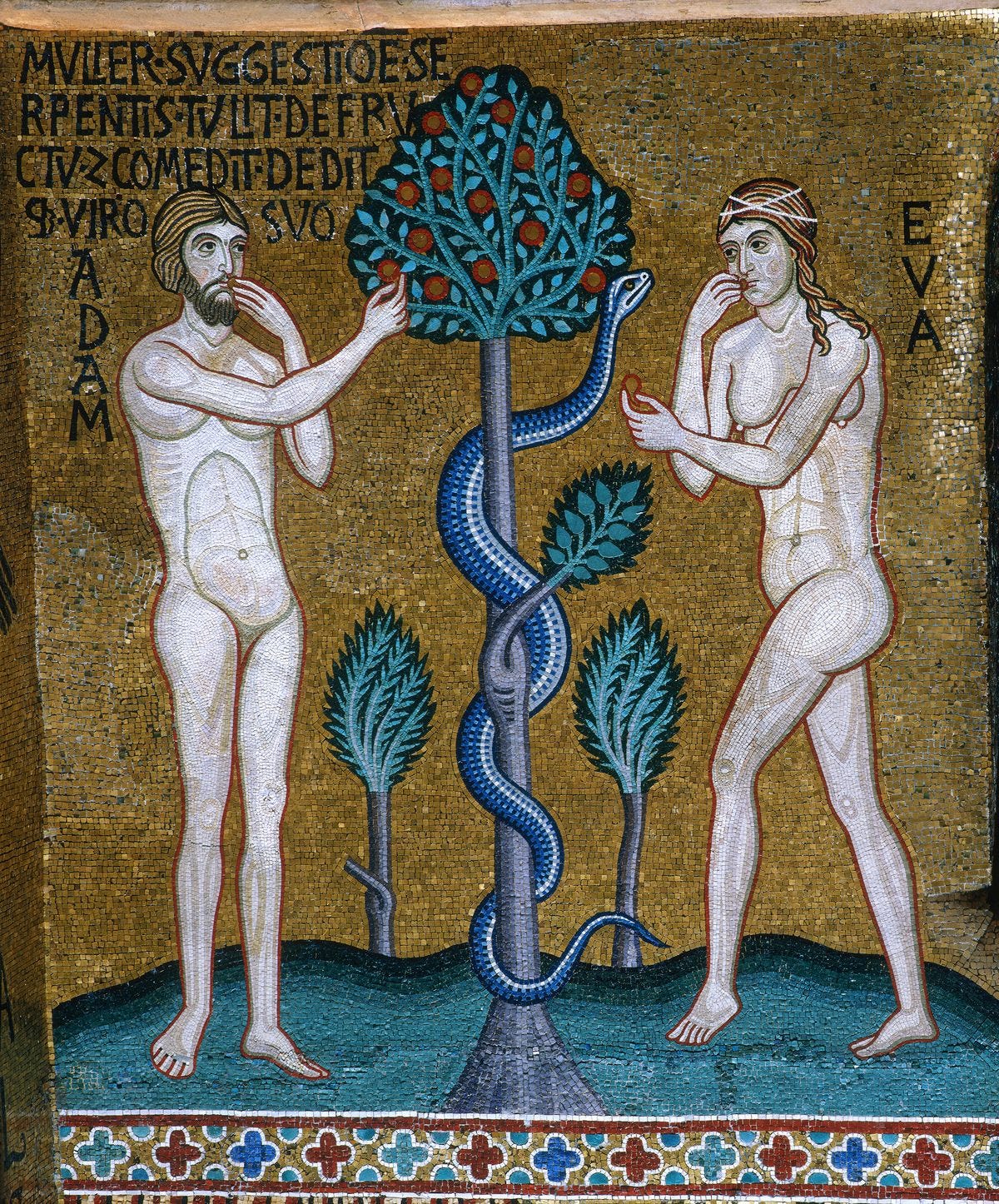 A stylized Tree of the Knowledge of Good and Evil in a mid-12th century mosaic from in an Italian collection, origin unknown.
