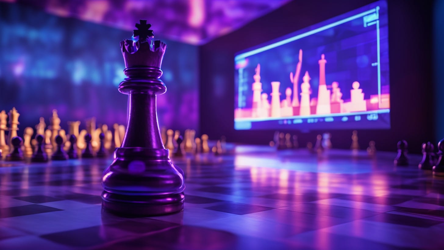 A chess king piece standing prominently next to a stage. In the back a screen showing a PowerPoint presentation with graphs. The scene representing strategic control and leadership in delivering a presentation.. Photorealistic, cinematic lighting with vibrant, high-contrast neon colors, predominantly purple and blue,