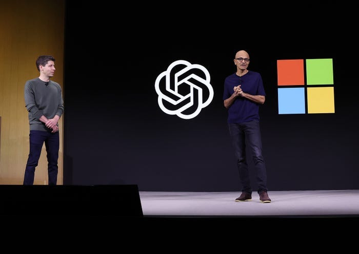 OpenAI CEO Sam Altman standing beside Microsoft CEO Satya Nadella at OpenAI DevDay in San Francisco, California.