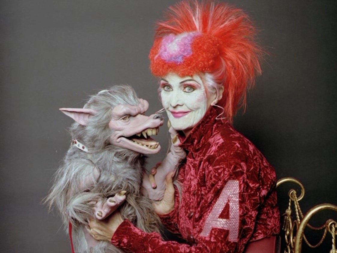 Sheila Hancock as Helen A with Fifi in a publicity shot for The Happiness Patrol (1988)