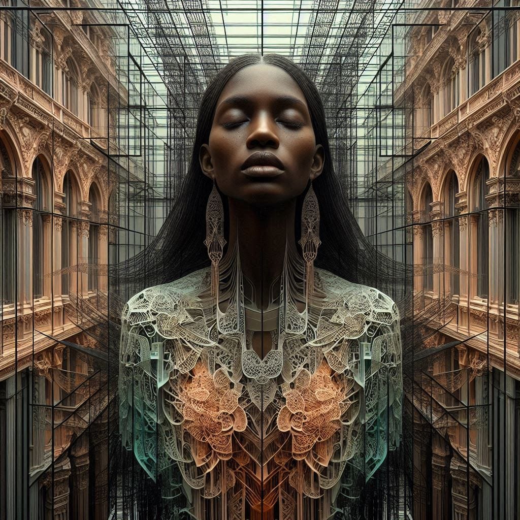 inside glass structure; tiltshift/ 5d angle glass embedded Altgeld hall building/ Broken into fragments/ pieces/ Malian woman, serene/ meditation/ in front of Altgeld hall in olive,ivory, chartrues, lace made of black water in resin/long black hair falling into her face. coral orange, pink, cream, olive address/earrings made of moons aglow/ reverberating waves. black hole/ water in resin verdigris/ In the style of Michael Parkes. black etching/ black linework/ black sky