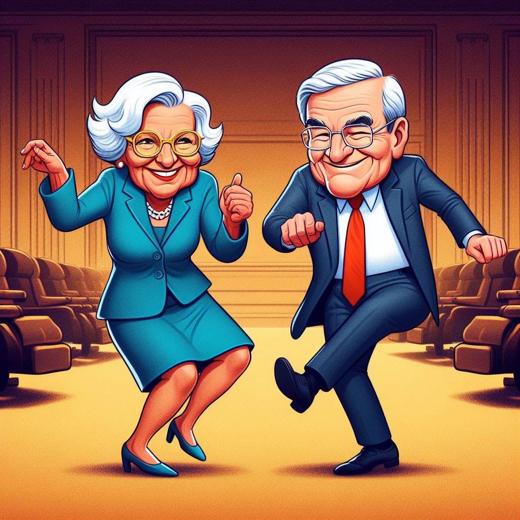 Fed Chair and Janet dancing cartoon