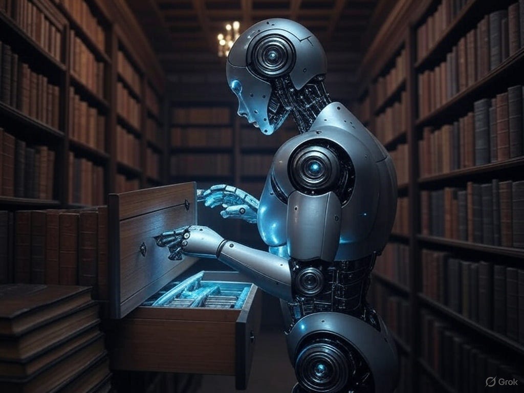 Futuristic robot searching for a library card in an old Oxford-style library Futuristic robot searching for a library card in an old Oxford-style library