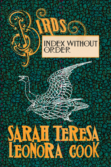 Cover of Birds (index without order) by Sarah Teresa Leonora Cook. The background is abstract green, like a closeup of a peacock feather. A white sketch of a bird is in the middle.