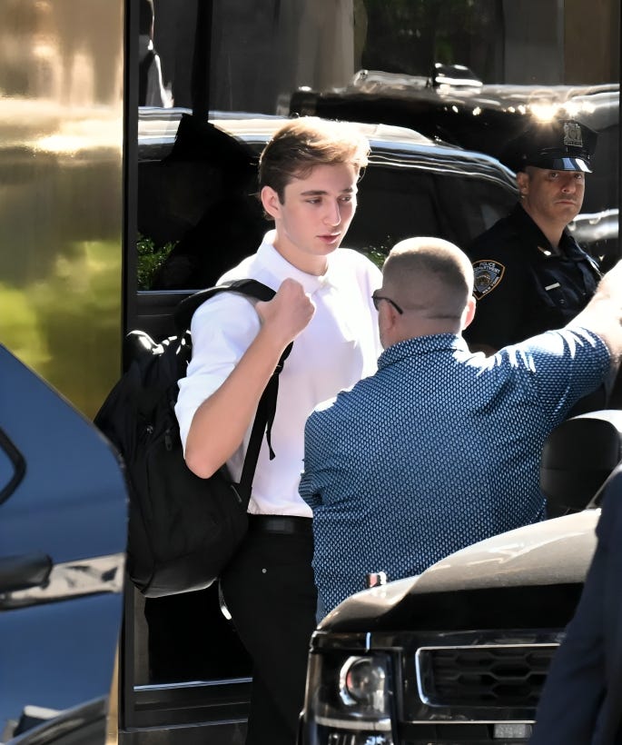 Barron Trump, dressed casually, steps out of a car with a backpack, ready to start his academic life at New York University’s Stern School of Business.