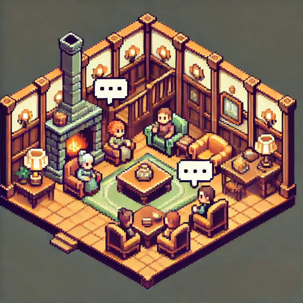 A pixelated, clear scene of a cozy parlor conversation in the style of an old Gameboy Color video game. The room is warm and inviting with blocky furniture like a fireplace, armchairs, and a table with books. A few characters are sitting and talking, with clear speech bubbles above them, evoking a friendly and intimate atmosphere. The colors are soft, muted, and nostalgic, featuring browns, greens, and warm tones, typical of retro games, with a clear distinction between elements and characters. No random color blurbs should be in the bottom right corner.