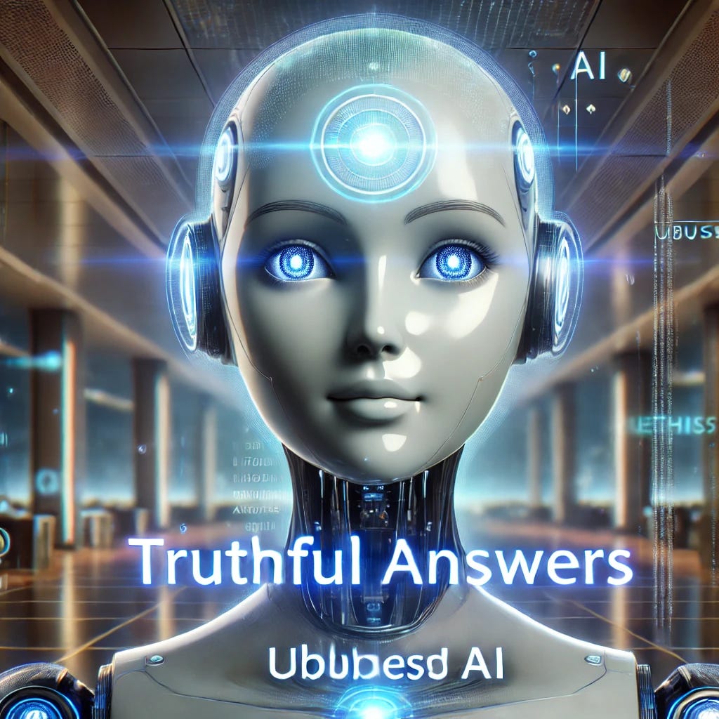 A futuristic and friendly AI chatbot with a glowing aura, symbolizing honesty and transparency. The chatbot has a sleek, humanoid appearance with expressive digital eyes that convey sincerity. A holographic display in front of the chatbot shows phrases like 'Truthful Answers' and 'Unbiased AI.' The background features a modern, high-tech setting with an emphasis on trust and ethics in AI.