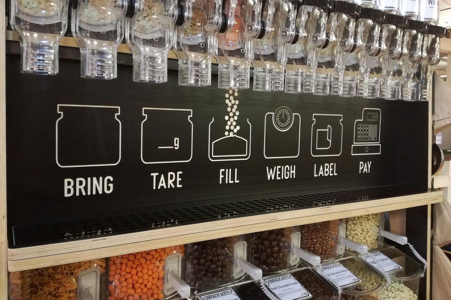 Close up photo inside the aisle of a supermarket. The photo focuses on the "refill aisle" with products such as grains and chocolate coated nuts sold in bulk. The photo shows a promotion inside the store, that highlights how the process works: Bring a jar, tare it, fill it, weigh it, label it, and pay.