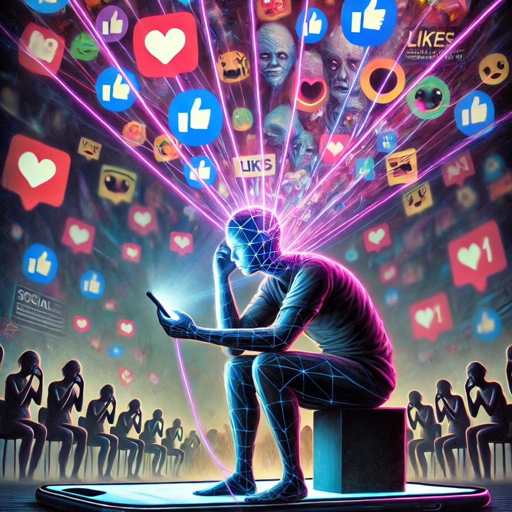 A thought-provoking illustration depicting how social media manipulates individuals. A human figure, sitting in front of a glowing phone screen, with digital wires extending from the device into their mind, symbolizing control and manipulation. The figure appears emotionally detached, trapped in an illusion of connection, with images and symbols of likes, hashtags, and algorithms floating around them. In the background, a silhouette of a faceless crowd, overwhelmed by digital noise, illustrates the pervasive influence of social media. The color scheme is a mix of dark tones to symbolize oppression, with neon colors representing the addictive, distracting nature of social media.