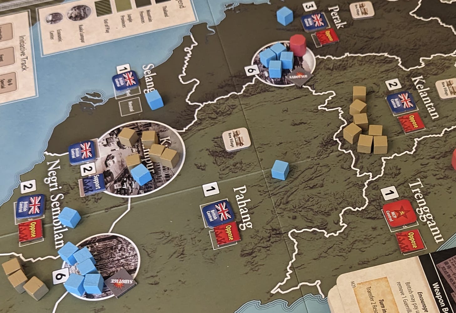 Mid-game board state of the Malaya scenario of the tabletop wargame The British Way