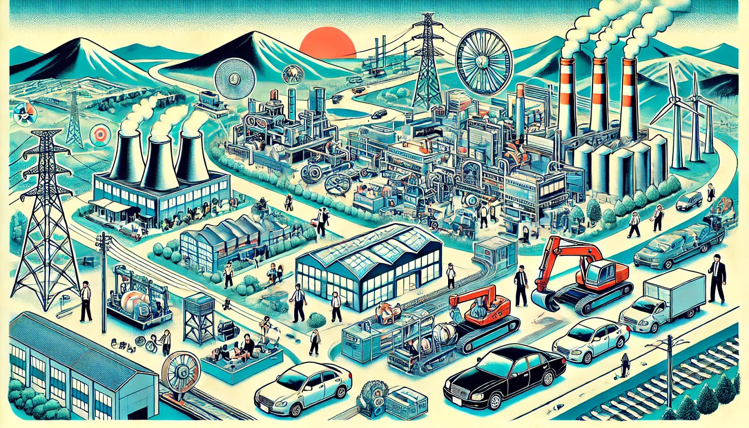 An illustration of a Japanese industrial complex experiencing significant growth and success in the late 1980s. Depict modern factories, bustling activity, and advanced machinery. Show a thriving environment with expanding infrastructure, new construction, and an overall sense of economic boom. Include elements such as happy workers, busy assembly lines, and increased production output to convey the success and rapid growth of the industrial complex.