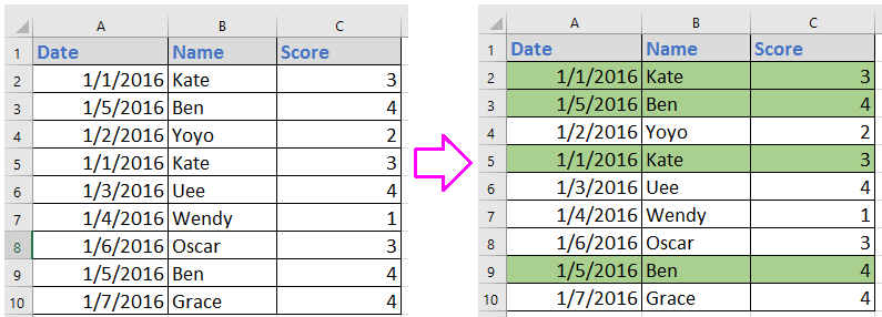 How to highlight duplicate rows across multiple columns in Excel?