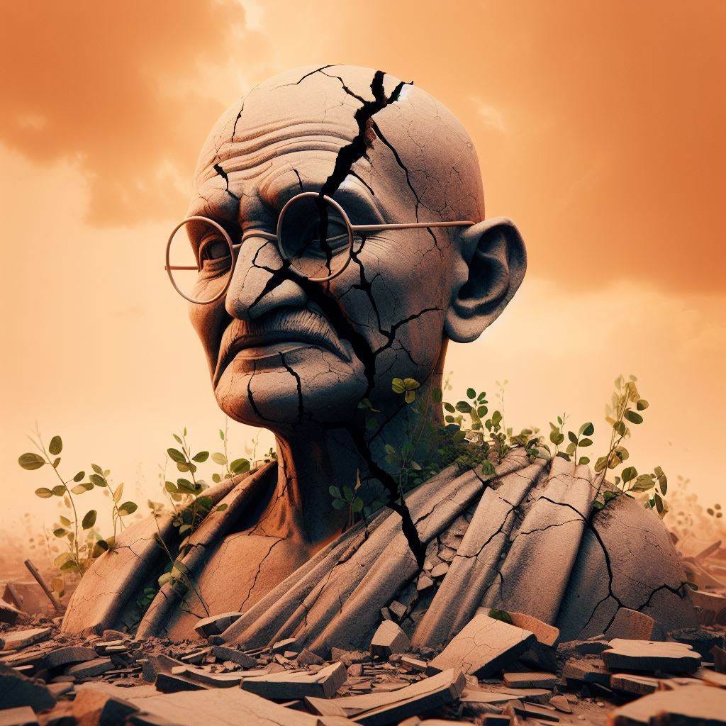 una estatua agrietada de Gandhi sin gente y con plantas creciendo en un cielo de color naranja