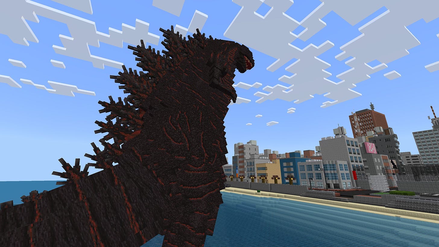 Godzilla approaches a city in Minecraft