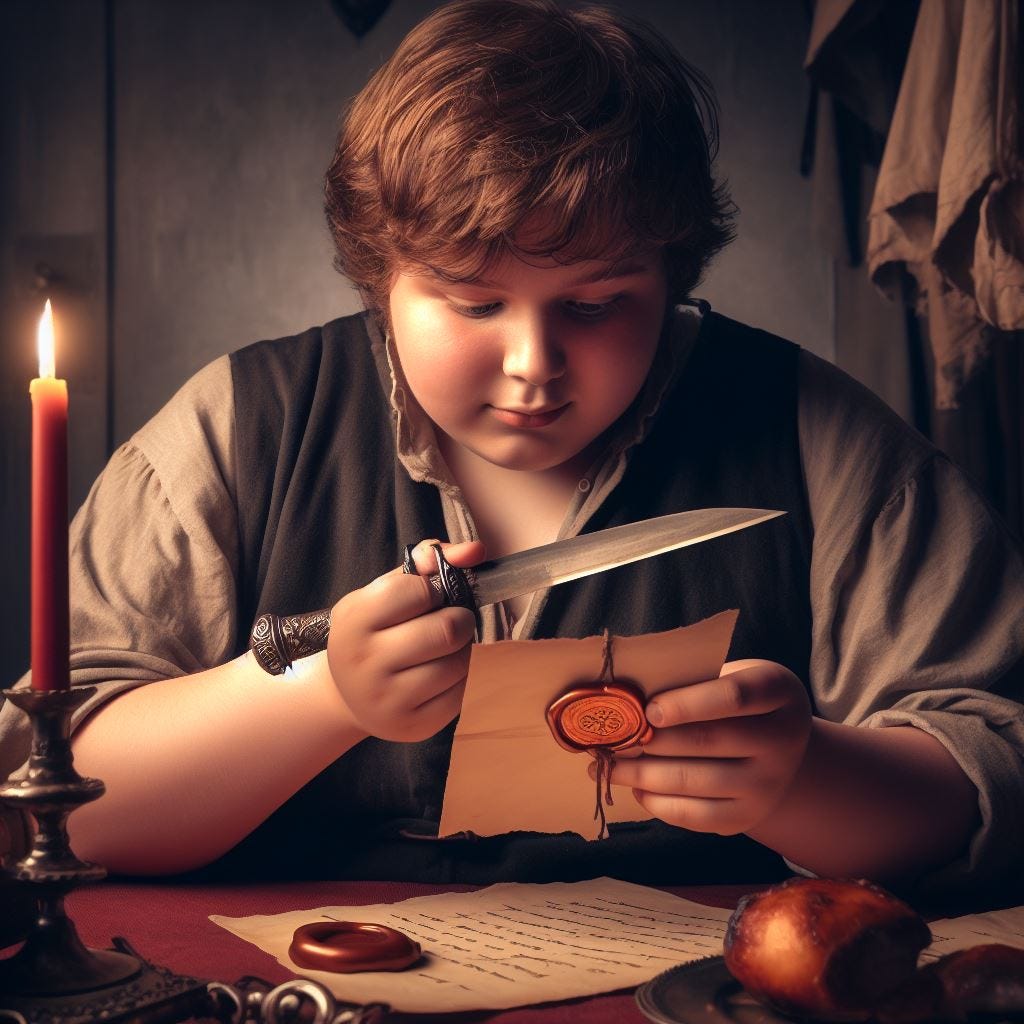 chubby young man opening letter with hunting knife, wax seal, medieval tavern, fantasy art