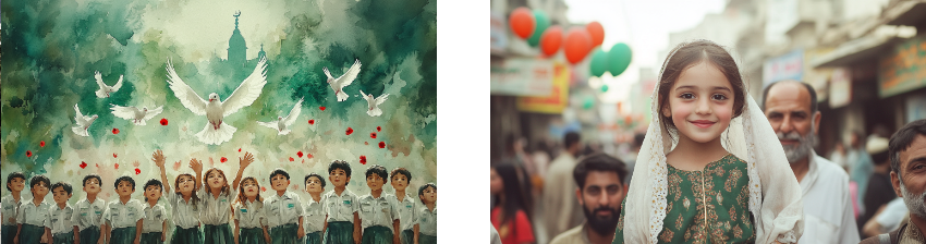 A contrasting pair of images symbolizing hope and cultural pride: on the left, a watercolor illustration of schoolchildren in uniforms joyfully releasing white doves into the sky, surrounded by red poppies and a green, serene backdrop, evoking themes of peace and innocence; on the right, a photograph of a smiling young girl dressed in traditional attire with a white scarf, standing among people on a bustling street decorated with green and orange balloons, representing celebration and cultural heritage.