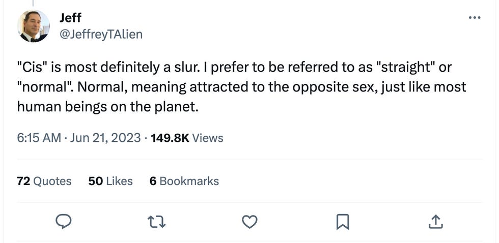 "Cis" is most definitely a slur. I prefer to be referred to as "straight" or "normal". Normal, meaning attracted to the opposite sex, just like most human beings on the planet.