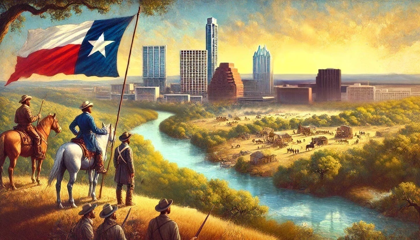 A panoramic view of Austin, Texas, with a focus on its unique topography and historical context, in a watercolor painting style. The foreground showcases a reenactment of Vice President Mirabeau Lamar and frontiersmen on a hilltop in 1838, with the Texas flag displayed. The landscape includes thickets of live oaks and elms along the Colorado River. The background features trees and hills reaching towards the horizon, with the iconic, pink granite dome of the Texas State Capitol clearly visible, gleaming in the setting sun. The horizon should be visible with no additional buildings cluttering the view. The river extends through downtown Austin towards the western mountains, under a Texas sunset highlighting the arid climate and rocky soil. Transform the office building into the Texas State Capitol.