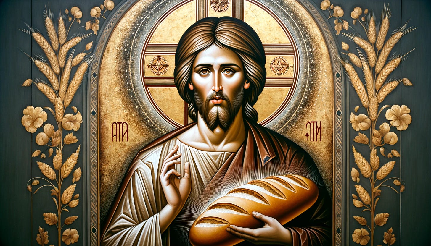 An iconographic image of Jesus as the Bread of Life, inspired by traditional Christian iconography. Jesus is depicted with a halo, holding a loaf of bread symbolically, surrounded by ethereal light that suggests divinity. His expression is peaceful yet profound, inviting reflection on his spiritual teachings. The setting incorporates elements of Byzantine art, with gold leaf accents and intricate patterns that enhance the sacred atmosphere. The background features symbolic elements such as vines or wheat, representing life and sustenance, aligning with the message of John 6:63.