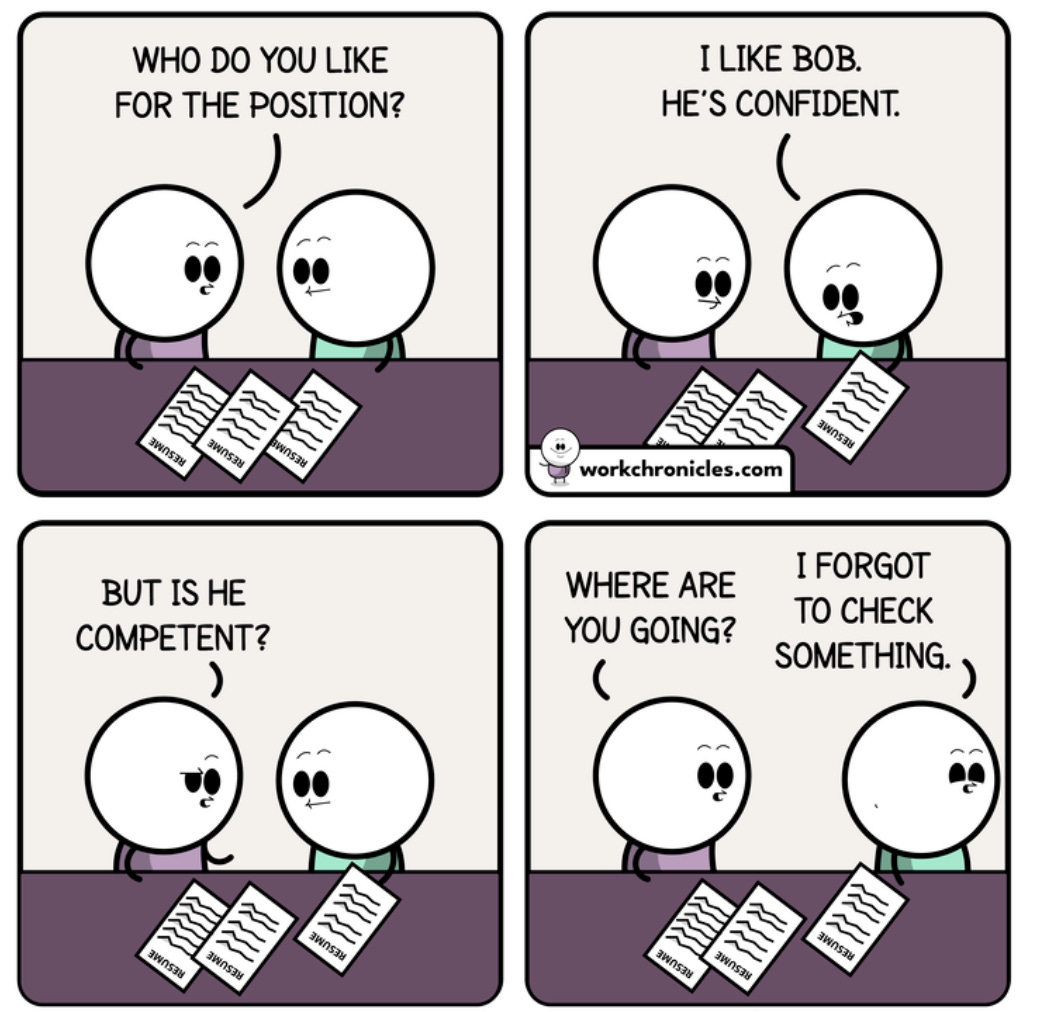 A four-panel comic strip with 2 co-workers. One says he wants to hire Bob, because he's confident. The other asks whether Bob's competent. The first says he has to check something as he walks away.