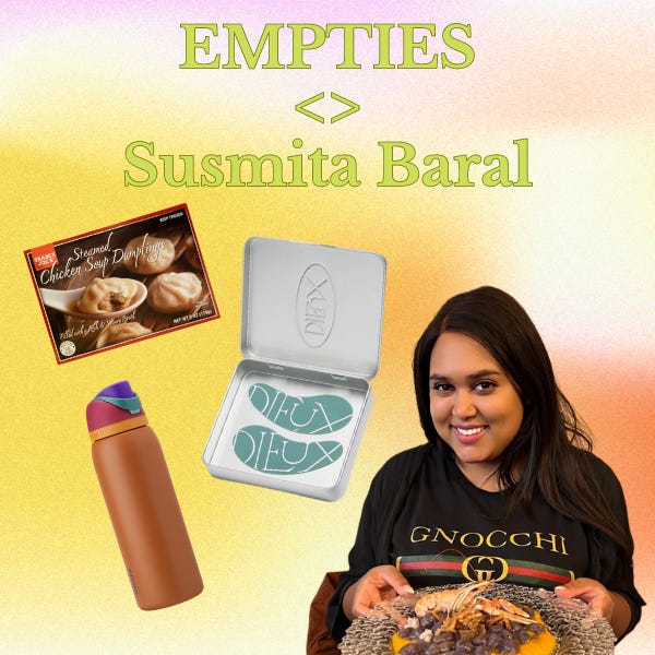 Headshot of Susmita Baral with chicken soup dumplings, reusable eye masks, and a water bottle on a gradient background