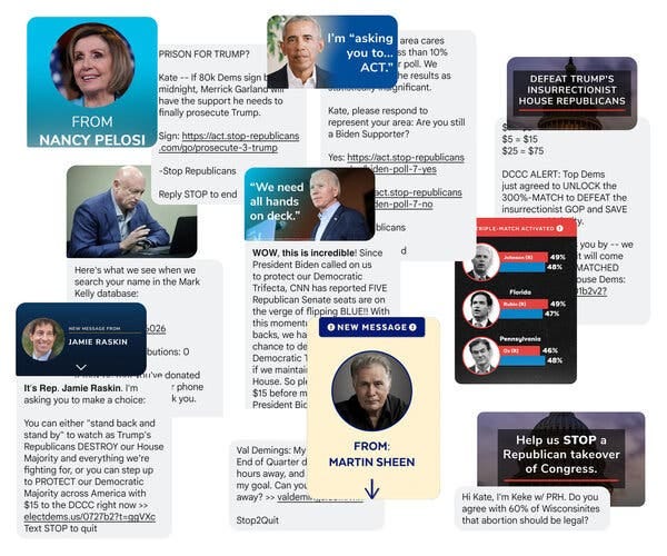 A color collage of texts from Democrats and their supporters, many asking for donations to campaigns.