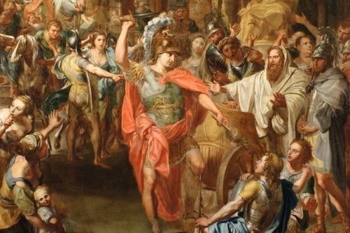 An 18th-century painting depicts Alexander the Great preparing to hack through the Gordian Knot with his sword