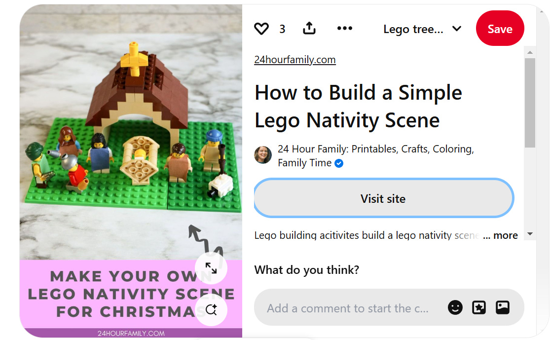 Pinterest picture showing a lego nativity scene all made from lego.  