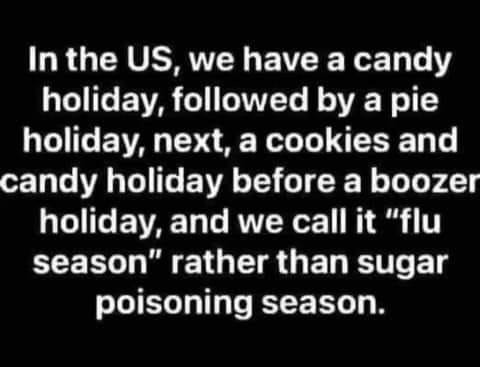May be an image of text that says 'In the US, we have a candy holiday, followed by a pie holiday, next, a cookies and candy holiday before a boozer holiday, and we call it "flu season" rather than sugar poisoning season.'
