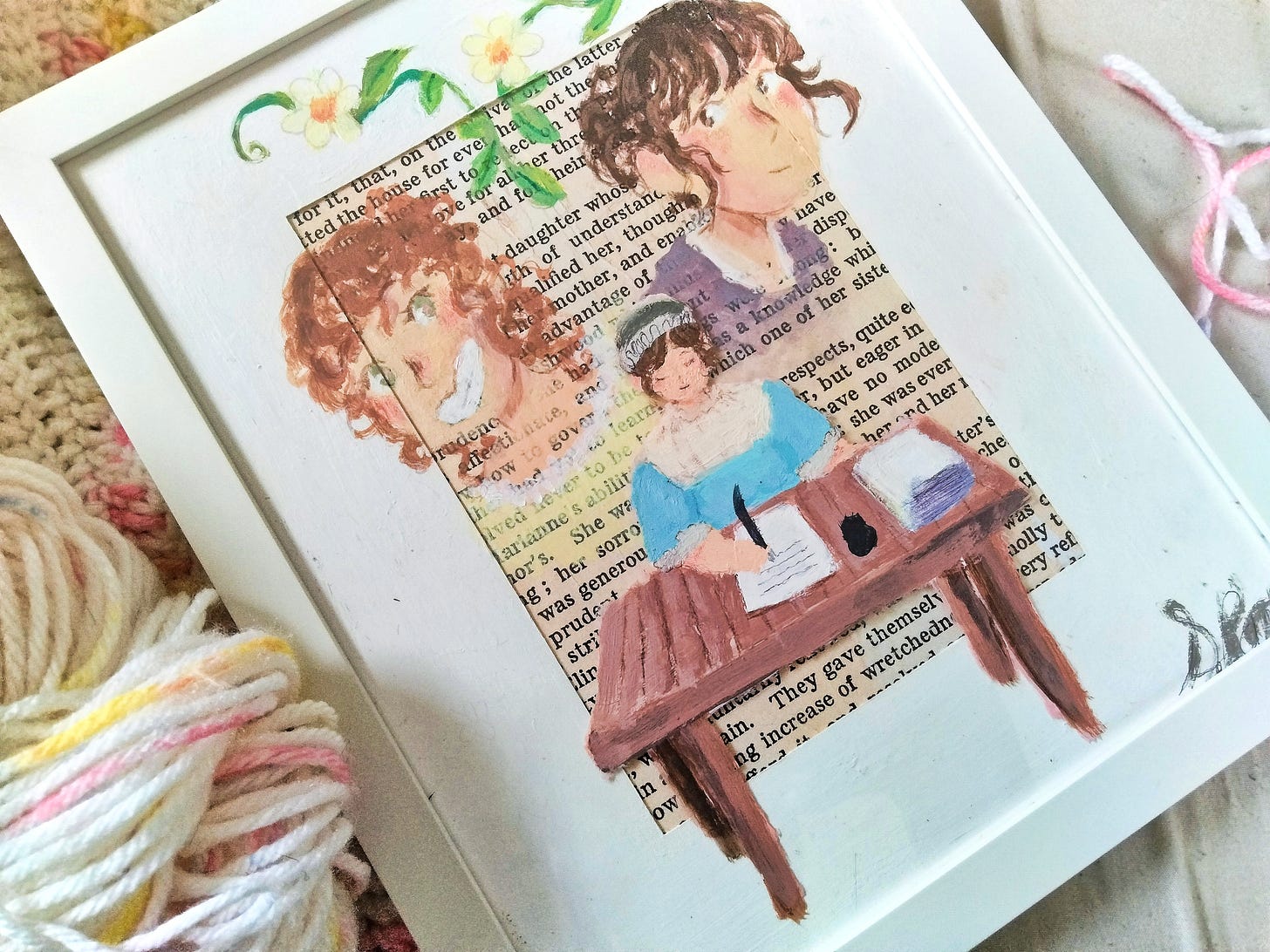 A painting of Jane Austen with her characters from Sense and Sensibility