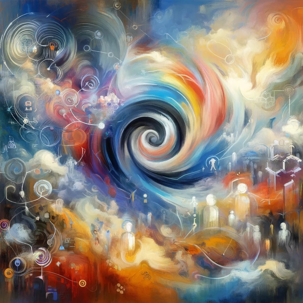 An abstract painting symbolizing the emergence and impact of AI agents. Swirling, vibrant brushstrokes represent the dynamic and interconnected nature of AI agents. Elements include abstract figures interacting with digital networks, highlighting collaboration and communication. Contrasting colors emphasize the potential advancements and risks. The background features hints of global cooperation and innovation. The style resembles oil on canvas with expressive and thought-provoking undertones.