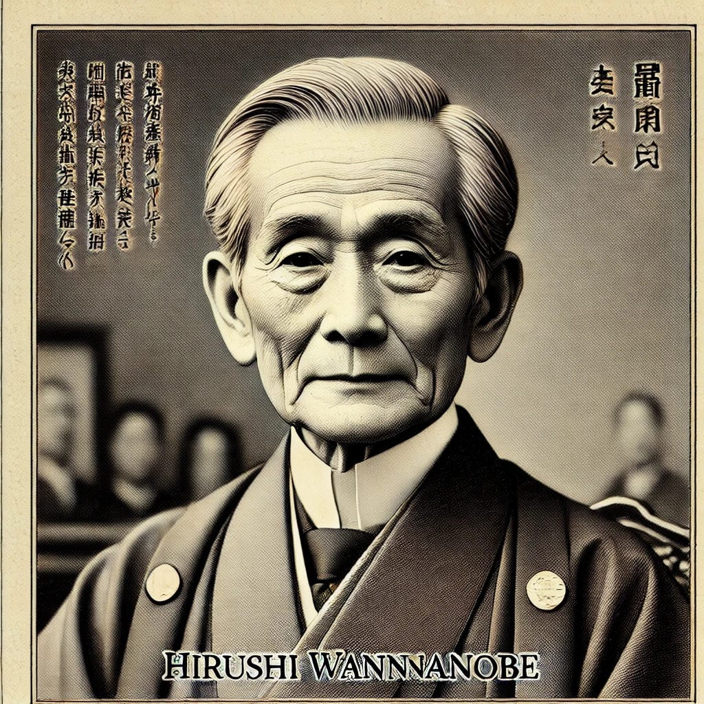 A portrait of Hirushi Wantnanobe, a Japanese industrialist in his late 70s. He is short and small, but with elegant features, and is dressed in traditional Japanese formal wear. He has short, well-trimmed hair, and no facial hair. His expression carries a slight, tired smile, reflecting both his age and his wisdom. The background suggests a dignified setting, appropriate for a man of his status. A text box within the picture contains his full name 'Hirushi Wantnanobe' in readable-sized print.