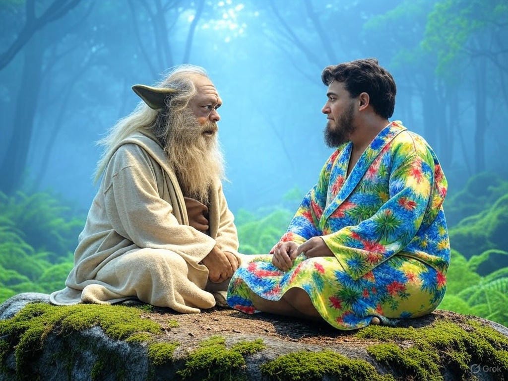 I generated images with the prompt: 'Studio Ghibli style image of Rick Rubin looking like Yoda, wearing Yoda's robe, sitting cross-legged on a rock in a forest, talking to Palmer Luckey who is wearing a robe with a Hawaiian print on it. Both characters have beards, engaged in a deep, meaningful conversation in a cosmic jungle setting. Make Yoda look more like Rick Rubin.'