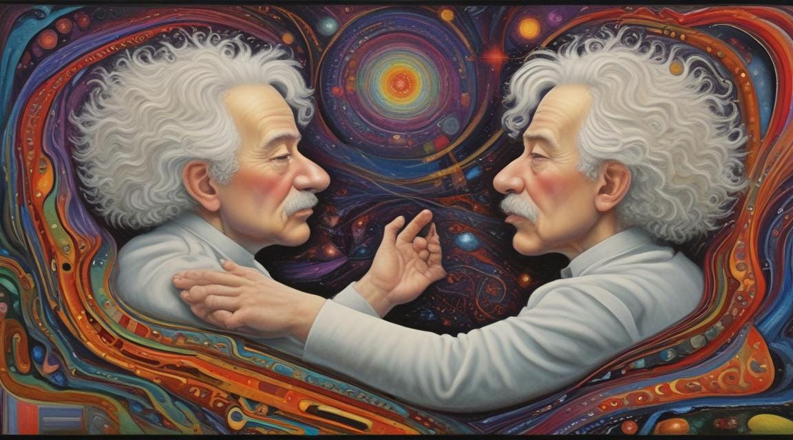 Einstein comforts unsuccessful twin from nearby dimension