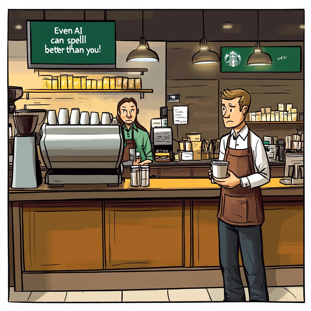 Cartoon illustration: Starbucks coffee shop. A frowning customer holds a coffee cup, saying to the barista, “Even AI can spell better than you!” The barista stands behind the counter, next to coffee machines, stacked cups, and ingredients. by Midjourney