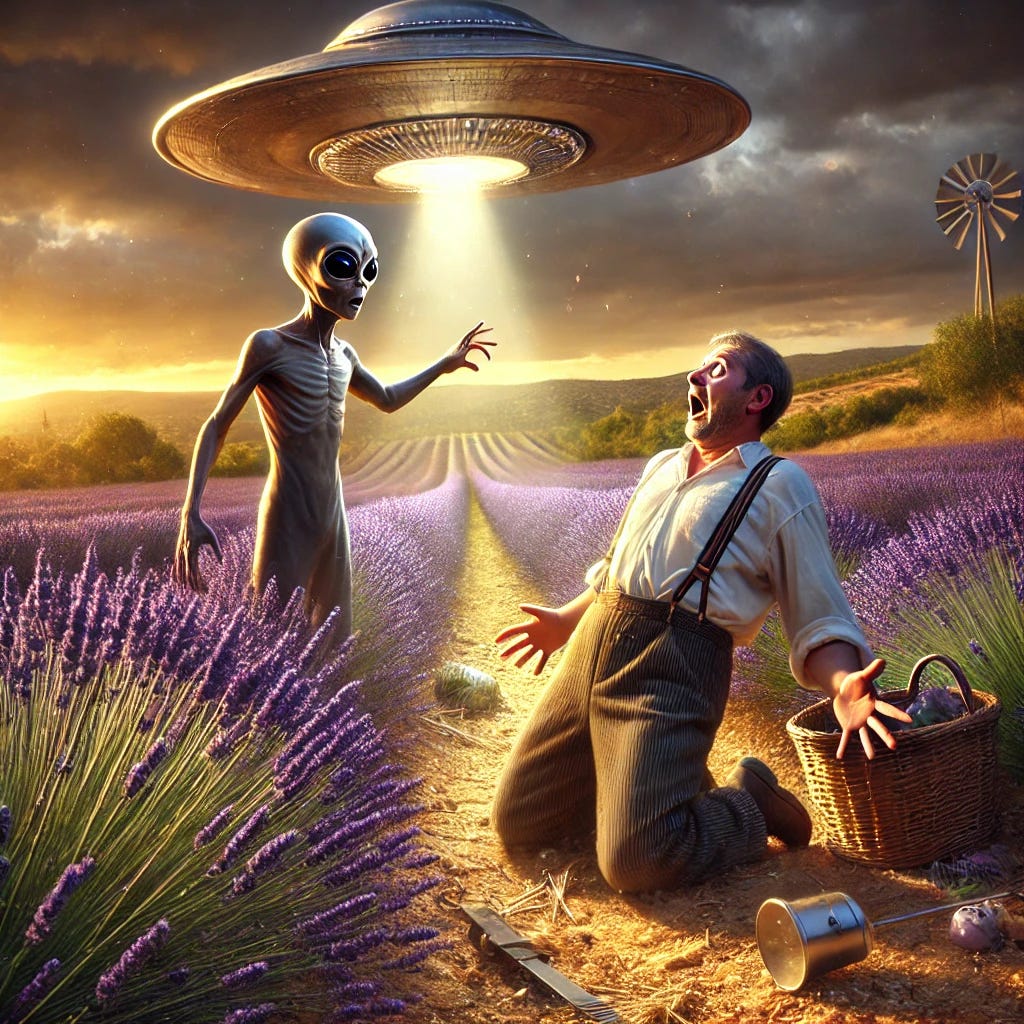 A dramatic depiction of the 1965 Valensole UFO Encounter in France. A terrified French farmer, dressed in traditional work clothes, stands frozen in his lavender field, completely paralyzed. His face is locked in fear, eyes wide, as he struggles to move but cannot. A small, silver disc-shaped craft hovers just above the ground, emitting an eerie, pulsating light. Two short extraterrestrial beings with large, black, emotionless eyes stand near the craft, one pointing a strange handheld device at the farmer, the source of his paralysis. The lavender plants sway unnaturally, disturbed by an invisible energy field radiating from the craft. The early morning sky is an unsettling mix of golden light and stormy clouds, casting an eerie glow over the rural landscape. The overwhelming atmosphere of helplessness and fear dominates the scene, capturing the moment of an encounter beyond human comprehension.