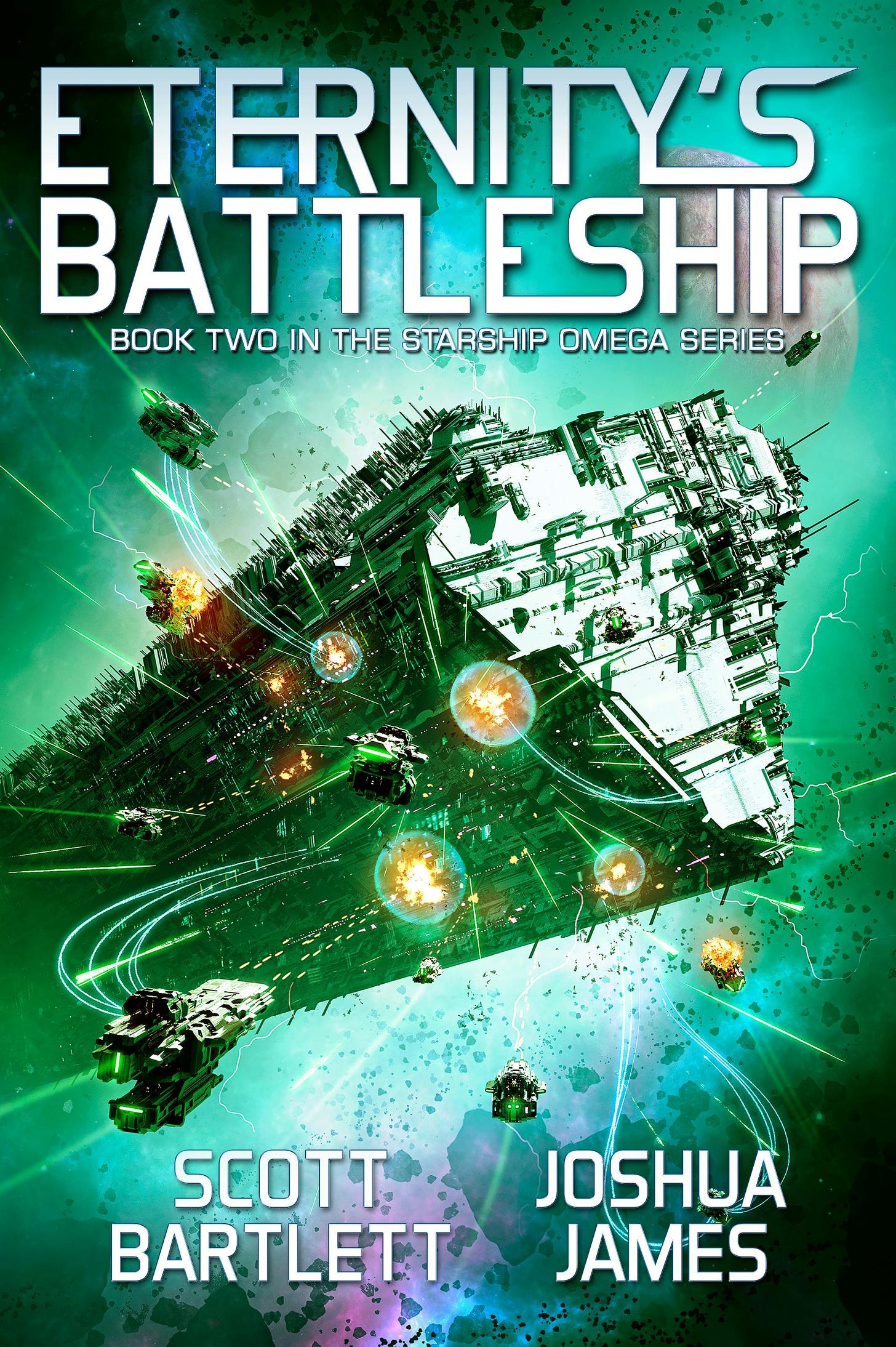 Eternity's Battleship cover art featuring a colossal starship beset by multiple smaller ships