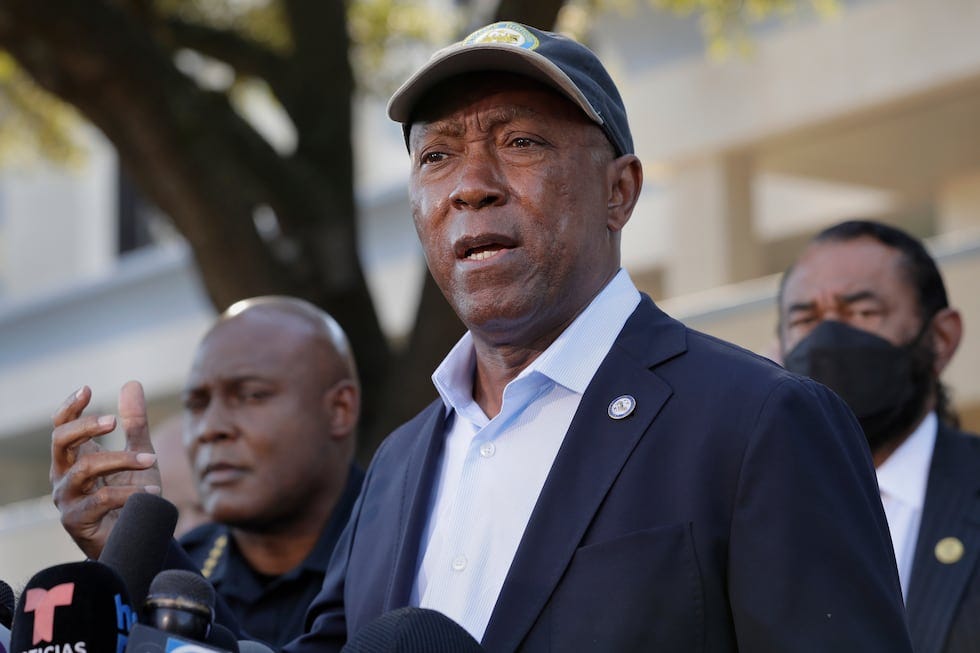 FILE - Houston Mayor Sylvester Turner speaks during a news conference Nov, 6, 2021, in Houston.