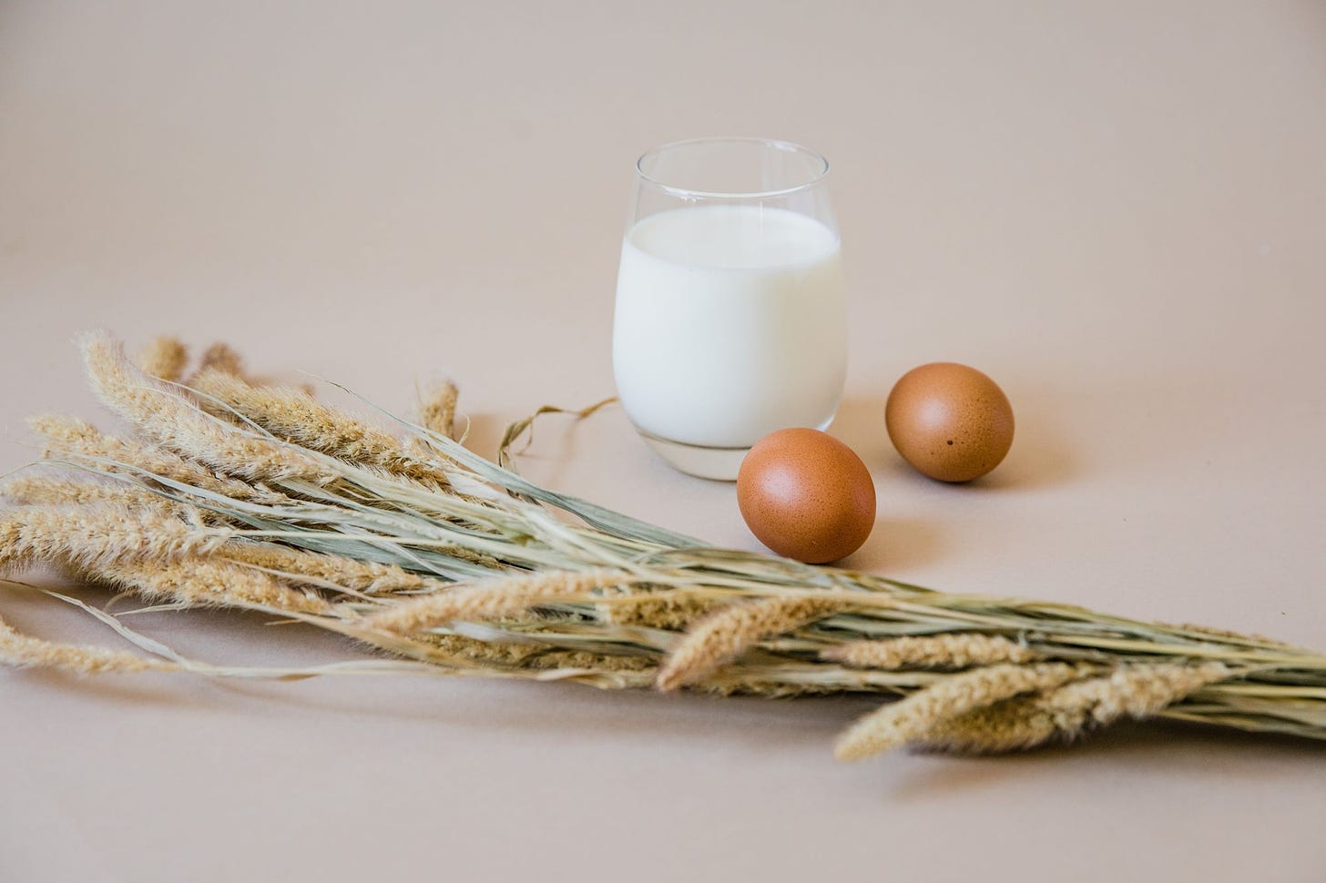 Photo of milk, egg, and wheat. 