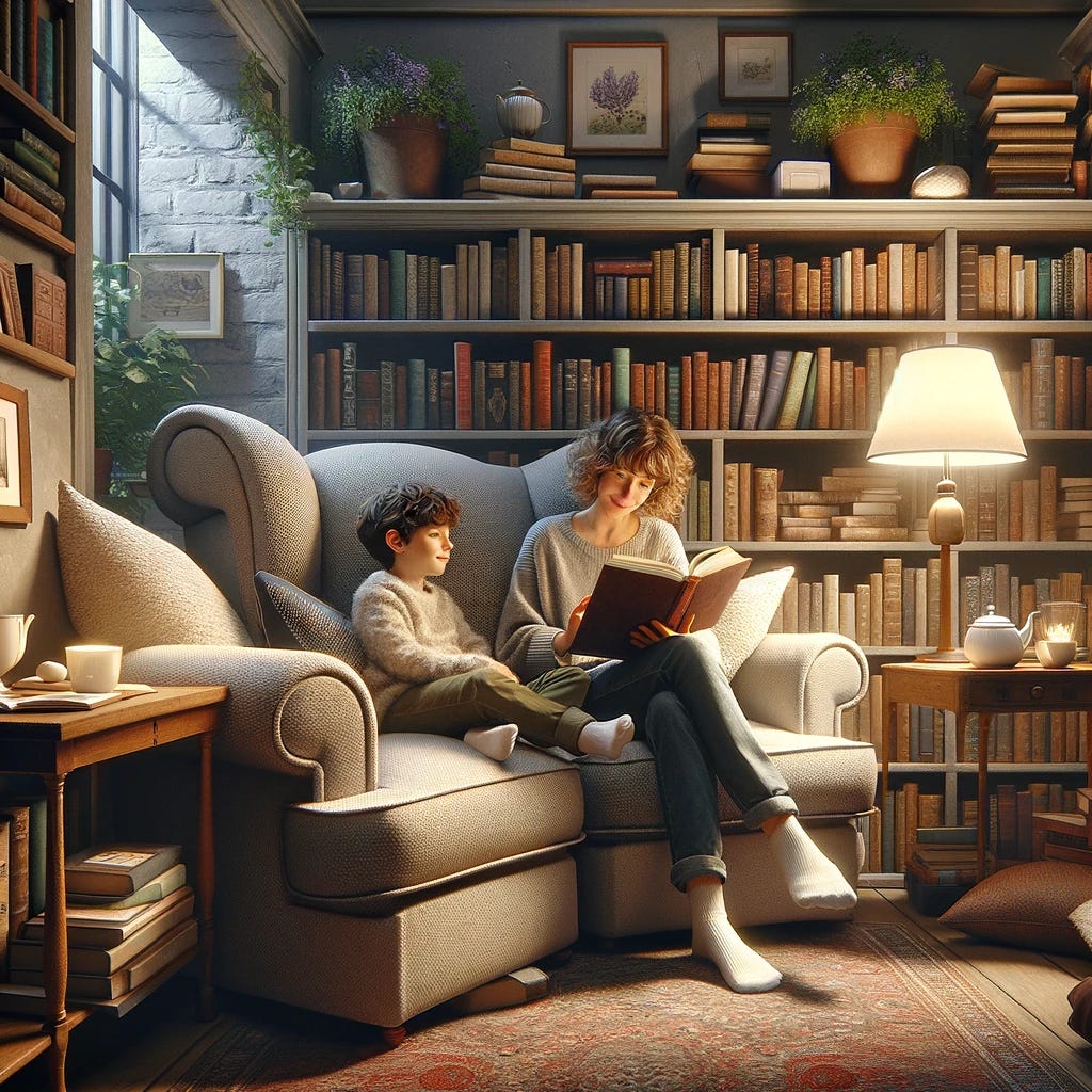 A realistic depiction of a mother and her son enjoying a reading session in a cozy nook of their home. The corner is well-appointed with a comfortable, oversized armchair that both can fit into, surrounded by soft throw pillows. A side table holds a lamp casting a warm glow and a cup of tea, enhancing the serene atmosphere. Shelves brimming with books envelop them, adding to the scholarly ambience. The mother, holding an open book, reads to her son who listens attentively, his eyes fixed on the pages. Both are relaxed and content, truly absorbed in the story. The scene conveys a sense of quiet intimacy and the joy of sharing a love for books, painted in a realistic style to highlight the warmth and comfort of the setting.