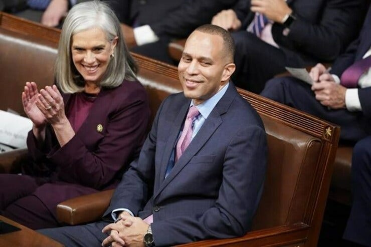 Democratic leader Hakeem Jeffries of New York, choice for Speaker of the Democratic caucus in the House. Here he sits with Representative Katherine Clark, of Massachusetts, the #3 in the caucus.